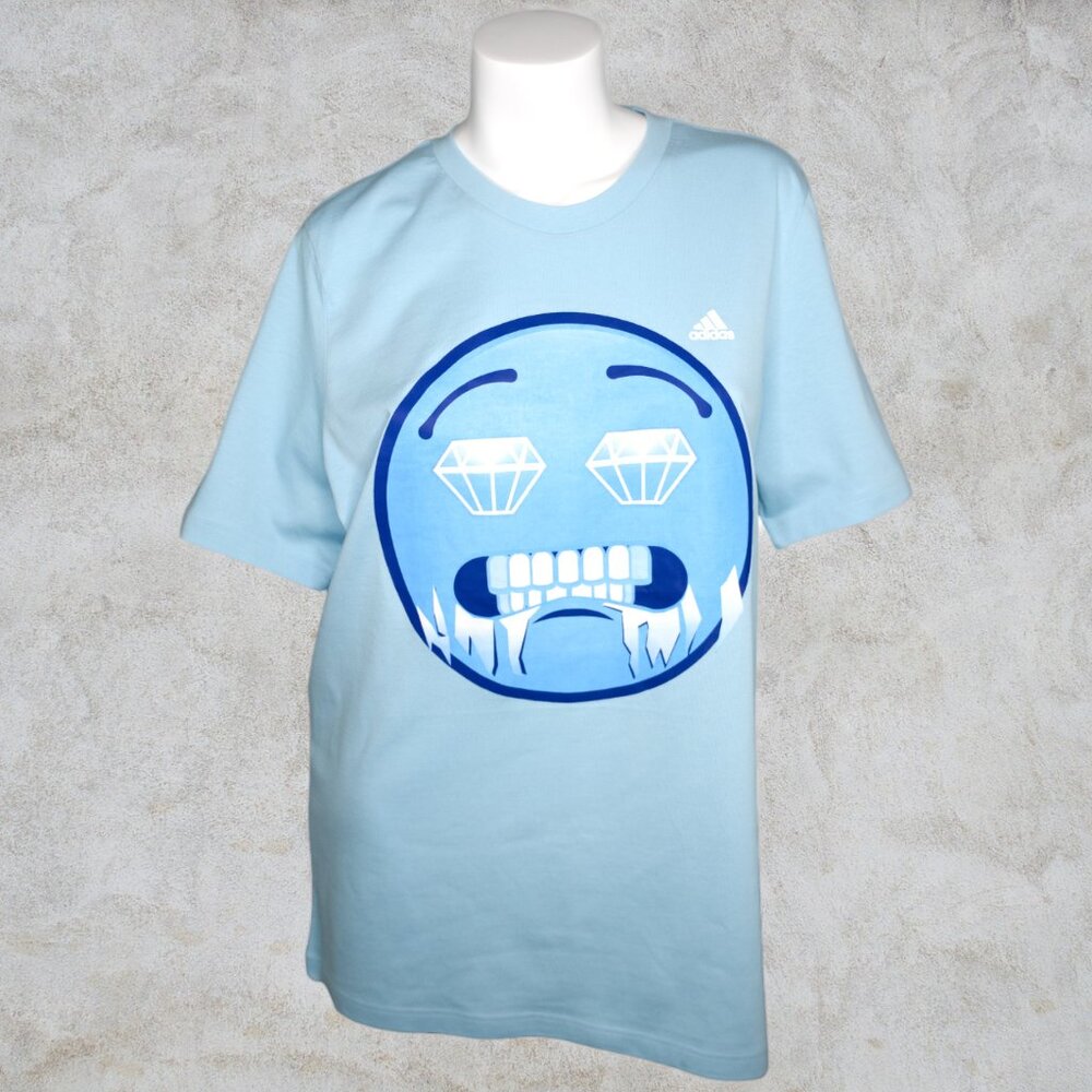 Adidas Light Blue Ice Cold Big Mood Freezing Frozen Diamond Eyes Emoji Logo Tee